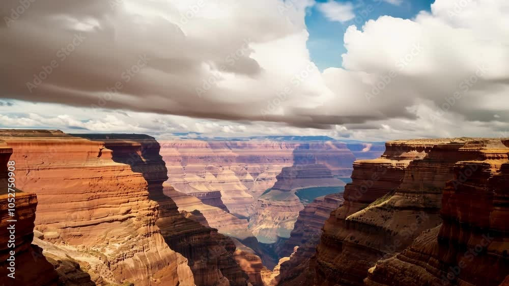 Poster Light and shadow dance across the vast expanse of a canyon as clouds drift overhead, creating a captivating interplay of nature's elements