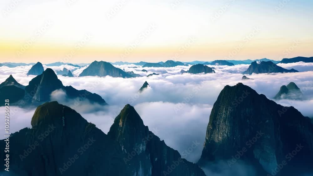 Poster Series of captivating shots showcasing a mesmerizing view of misty clouds flowing over majestic mountain peaks, creating a surreal and dreamlike landscape