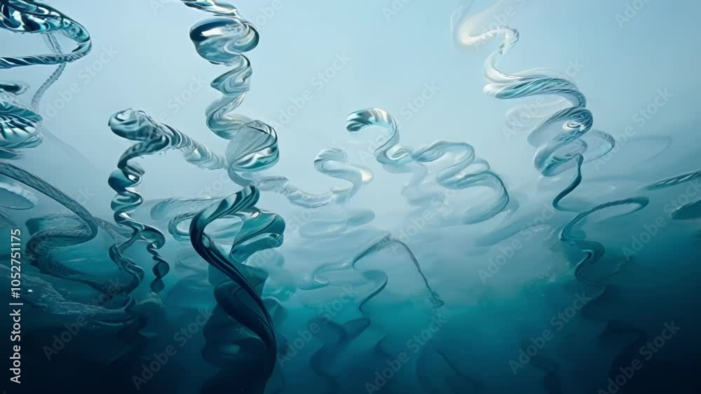 Aufkleber Turquoise and blue shapes twist and swirl against a light blue background, creating an abstract visual of fluid motion and dynamic energy in a surreal underwater environment