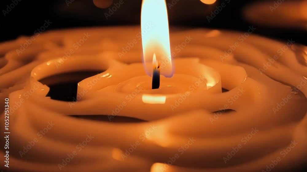 Poster Burning candle creates surreal shapes as melting wax drips and forms unique patterns. The interplay of light and shadows evokes a sense of warmth and tranquility