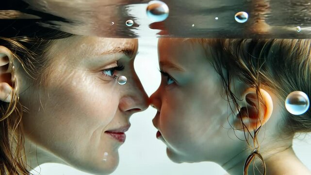 A woman and a girl look at each other while submerged in a pool of water
