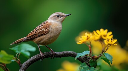 Obraz premium A small brown bird with a long tail perched on a branch with yellow flowers in the background.