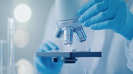 Researcher adjusting microscope in laboratory with blue gloves and glassware on table.