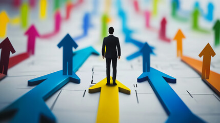 abstract business man stands on the peak of success amid tall, innovative Arrows point the way to success. and graphs with statistics to analyze business potential and predict future developments in

