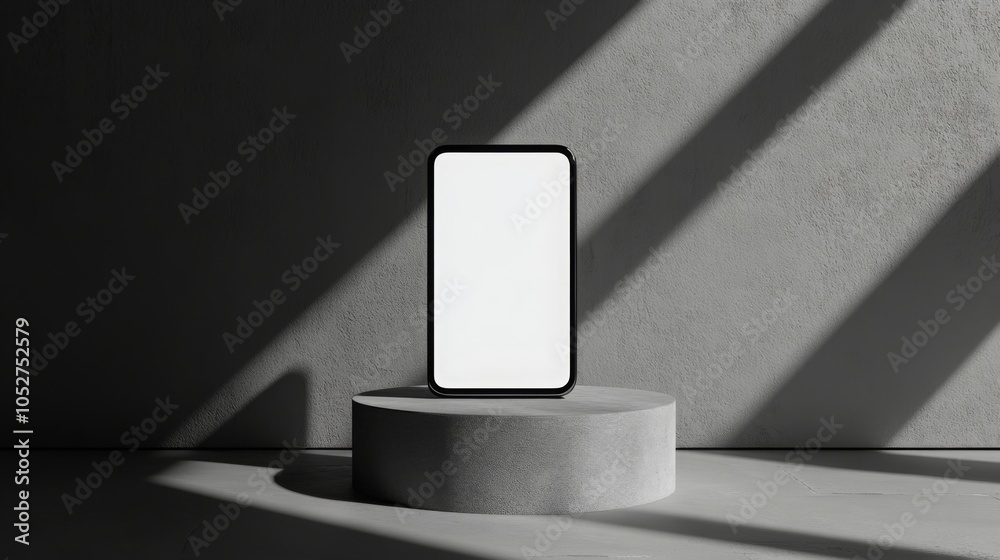 Leinwandbilder A modern smartphone with a blank screen stands upright on a round concrete pedestal. Soft shadows created by sunlight stream across the surface, highlighting the simplicity of the setup.