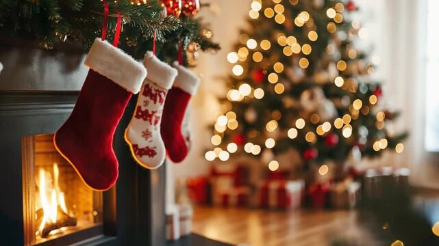 Merry Christmas 4k background, Christmas tree and red socks at New Years eve animation, New Year and Christmas eve social media motion background.