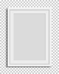 Realistic vertical blank white picture frame with shadow. Empty rectangular photo frame for art gallery or interior. Vector illustration isolated on transparent background.