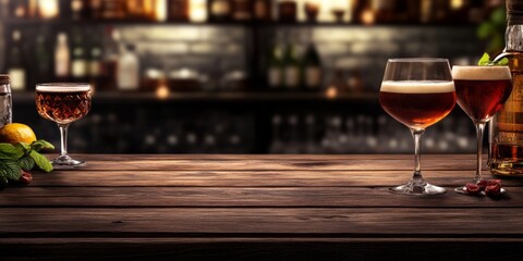 A selection of diverse alcoholic beverages elegantly displayed on a wooden bar table with ample space for personal design or text