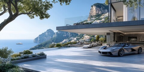 A sleek modern car parked outside a luxury villa. The scene showcases stunning coastal views. The architecture shines with clean lines and large windows. A perfect blend of style and tranquility. AI