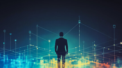 abstract business man stands on the peak of success amid tall, innovative Arrows point the way to success. and graphs with statistics to analyze business potential and predict future developments in

