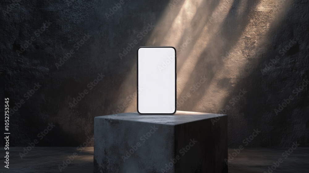 Poster A sleek smartphone stands upright on a gray stone pedestal, illuminated by soft beams of light from above. The surrounding dark backdrop enhances its design, creating a striking visual effect.