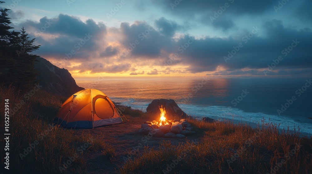 Poster golden light from the tent illuminates the area as a campfire crackles nearby. the setting sun casts