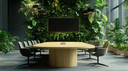 A collaborative meeting table in a green office, with eco-friendly design elements and