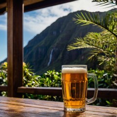 Um copo de cerveja dourada com uma espuma cremosa no topo, colocado sobre uma mesa de madeira. Ao fundo, uma bela paisagem de montanhas verdes e c&eacute;u azul sob a luz do sol.