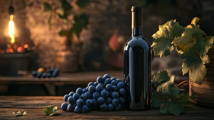 Elegant Wine Bottle and Fresh Grapes on Rustic Table