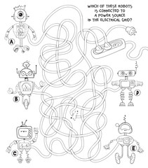 Which of these robots is connected to a power source in the electrical grid? Children logic game to pass the maze. Educational game for kids. Attention task. Choose right path. Coloring book