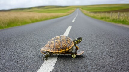 A turtle skateboarding down a rural road.