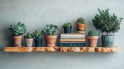 Fototapeta premium A wooden shelf with a variety of potted plants and a stack of books against a grey wall.