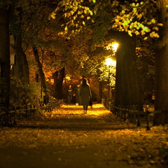 Kobieta idąca alejką w jesienny wiecz&oacute;r