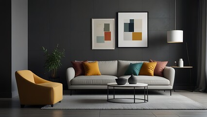The stylish boho compostion at living room interior with design gray sofa, wooden coffee table, commode and elegant personal accessories. Honey yellow