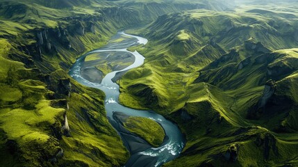 Aerial shot of winding rivers in a lush landscape, showcasing the complex beauty of pristine, untouched nature