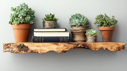 Fototapeta premium A wooden shelf with succulents and books on a gray wall.