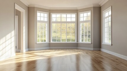 Fototapeta premium Bright Empty Room with Large Windows and Wooden Floor