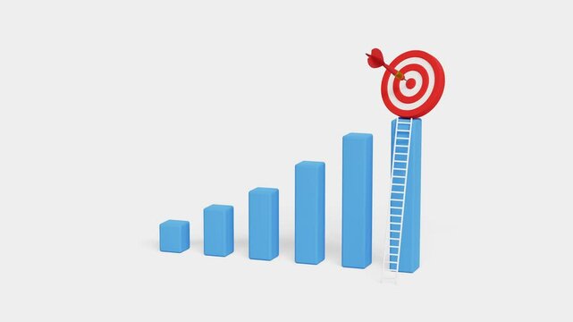 Plan and strategy to achieve big goals. Career success journey, steady growth or shortcut concept. 3D archery target on top of bar graph with dart in the center and a ladder. 4K 3D animation