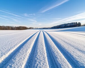 A serene winter landscape with snow-covered fields, visible tire tracks leading into the horizon under a bright blue sky.