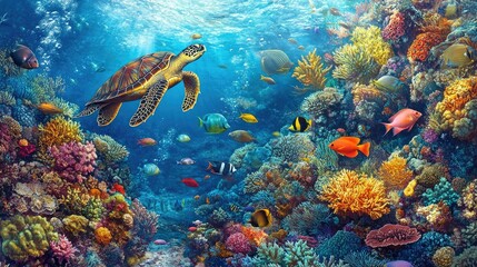 Vibrant Coral Reef with Sea Turtle and Colorful Fish