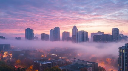 Obraz premium Misty dawn over a city skyline with tall buildings and soft pastel colors filling the sky