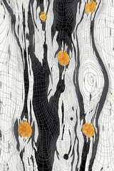 Abstract artwork featuring intricate lines and orange circles on a black and white backdrop.