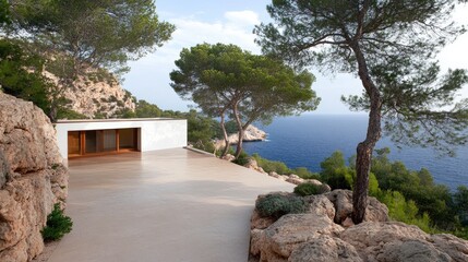 A striking minimalist house resembling an octopus stands gracefully on Sardinia's coast, illuminated by the warm hues of sunrise