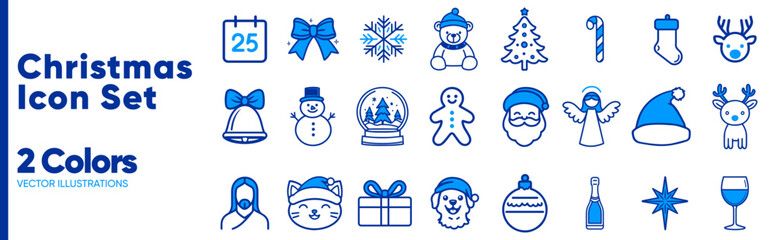 Blue Icons: Christmas Holidays with Santa, Snowman, Tree, Reindeer, Decorations, Gifts
