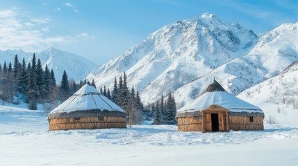 Snowy Mountain Landscape with Traditional Yurts