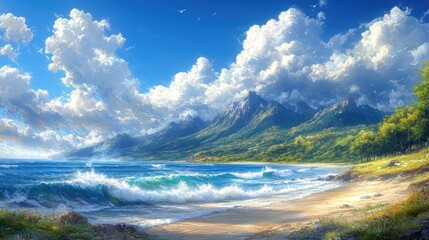 Fototapeta premium Coastal Mountain Landscape with Blue Sky and Puffy Clouds