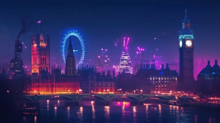 Obraz premium A panoramic view of the capital city nighttime skyline, featuring iconic landmarks glowing