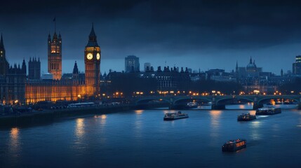 Fototapeta premium A panoramic view of the capital city nighttime skyline, featuring iconic landmarks glowing