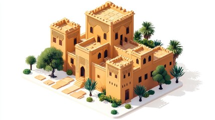 Isometric view of a traditional Moroccan house with palm trees and greenery.