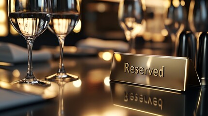 Elegant reserved sign in metallic gold on a modern restaurant table with wine glasses reflects warm ambient lighting