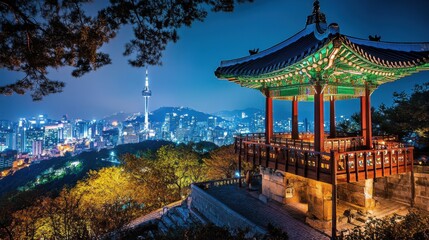 Obraz premium A scenic night view of the Namsan Seoul Tower, beautifully illuminated and overlooking