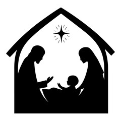 Christmas, baby Jesus in the manger with Mary and Joseph vector black silhouette 