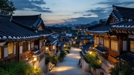 Obraz premium A serene night view of the traditional hanok houses in Bukchon Hanok Village, illuminated