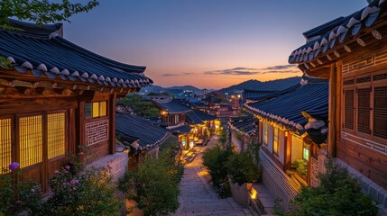 Obraz premium A serene night view of the traditional hanok houses in Bukchon Hanok Village, illuminated