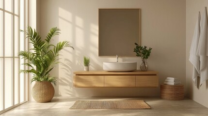 Fototapeta premium Minimalist bathroom interior with wooden vanity, large window, and natural light.