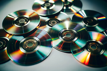 Pile of Shiny CDs and DVDs with Colorful Reflections - Close-Up of Retro Digital Storage Media