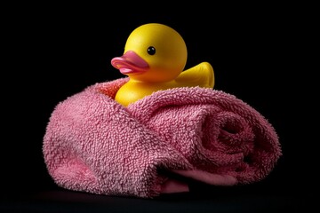 A playful rubber duck wrapped snugly in a pink towel, ready for a fun bath time adventure at home