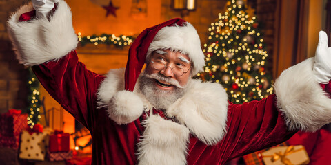 Obraz premium Santa's Morning Stretch. A close-up of Santa Claus stretching his arms with a big smile, preparing for a long day at the North Pole.