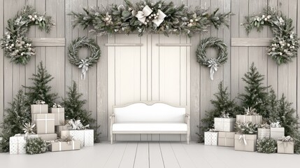 Fototapeta premium A stylish Christmas setup features a white sofa, a beautifully decorated tree, and a wreath, all enhanced by soft lighting and festive decor