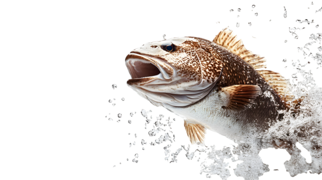 Fresh grouper fish jumping out of the water on white background
